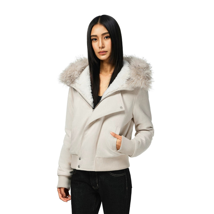 Women's short lambskin look bomber jacket with voluminous hood trim and thumb hole cuffs Mune Fashion