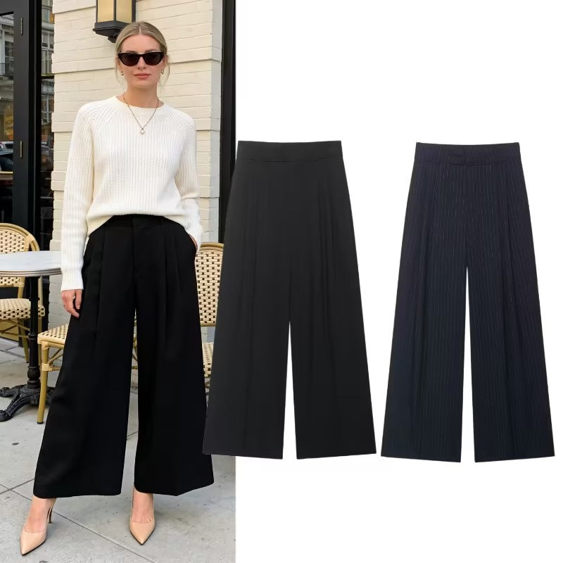 Women's high-waisted wide palazzo pants with pleats and elegant drape Mune Fashion