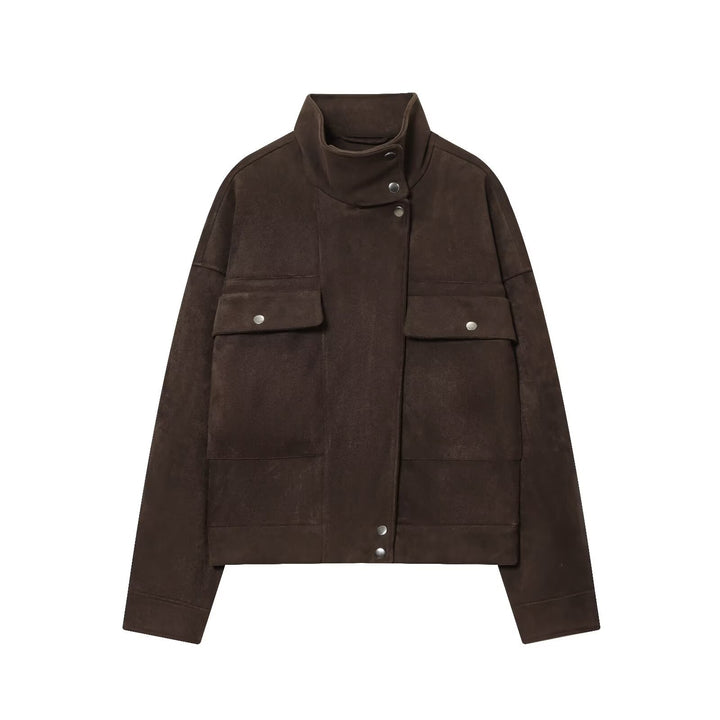 Ladies Short Boxy Jacket in Suede Look with High Funnel Neck Mune Fashion