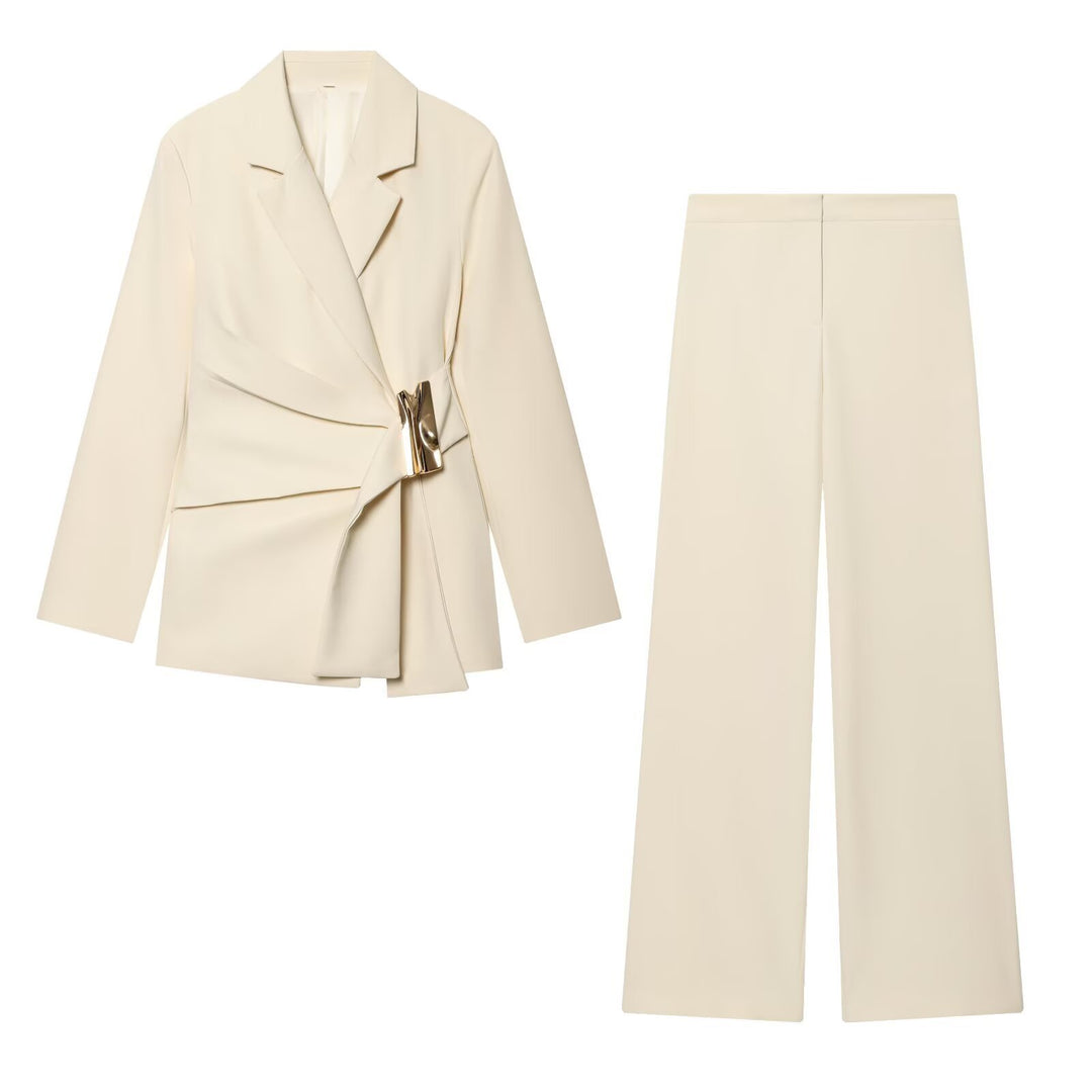 Women's Two-Piece Wrap Blazer and Palazzo Suit Set with Decorative Belt Mune Fashion