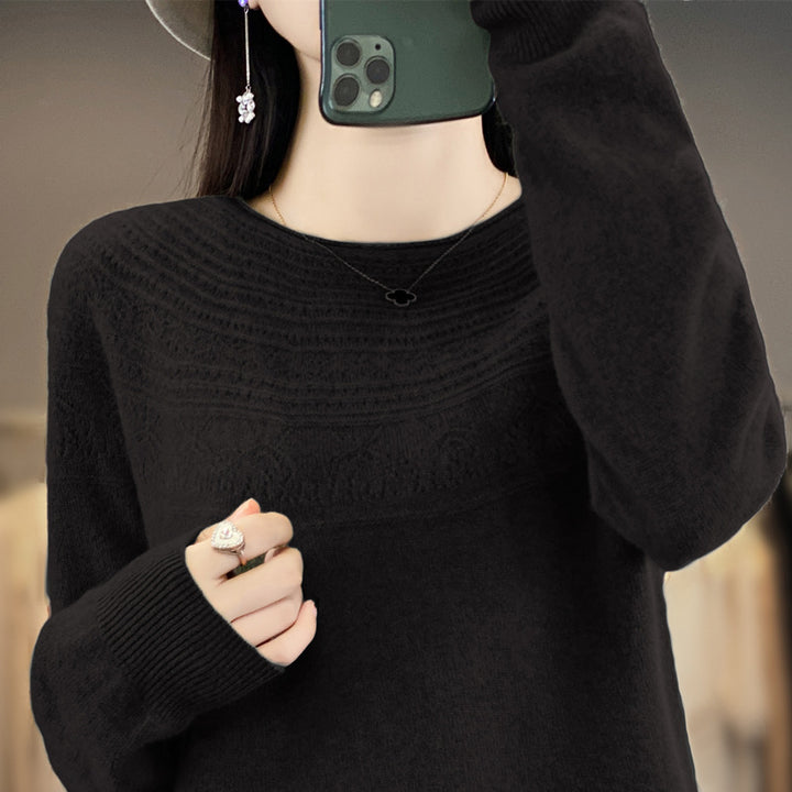 Women's Round Neck Fine Knit Sweater with Structured Yoke and Cashmere Look Mune Fashion
