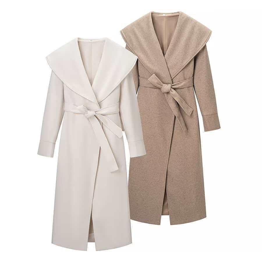 Women's Maxi Coat in Wrap Style with Wide Shawl Collar and Rolled-Up Sleeves Mune Fashion