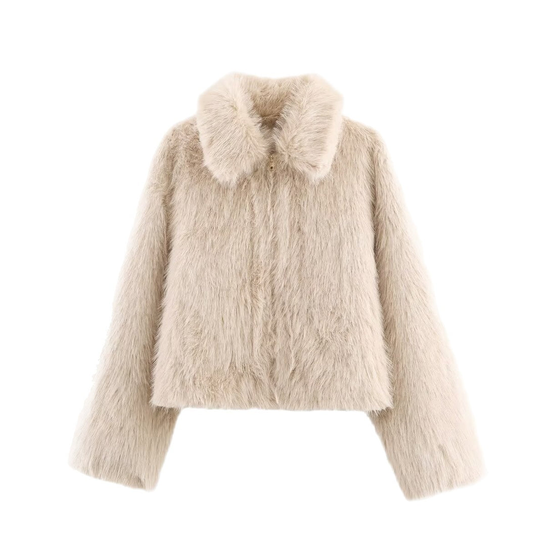 Ladies Short Fluffy Faux Fur Jacket with Lapel Collar and Straight Hem Mune Fashion