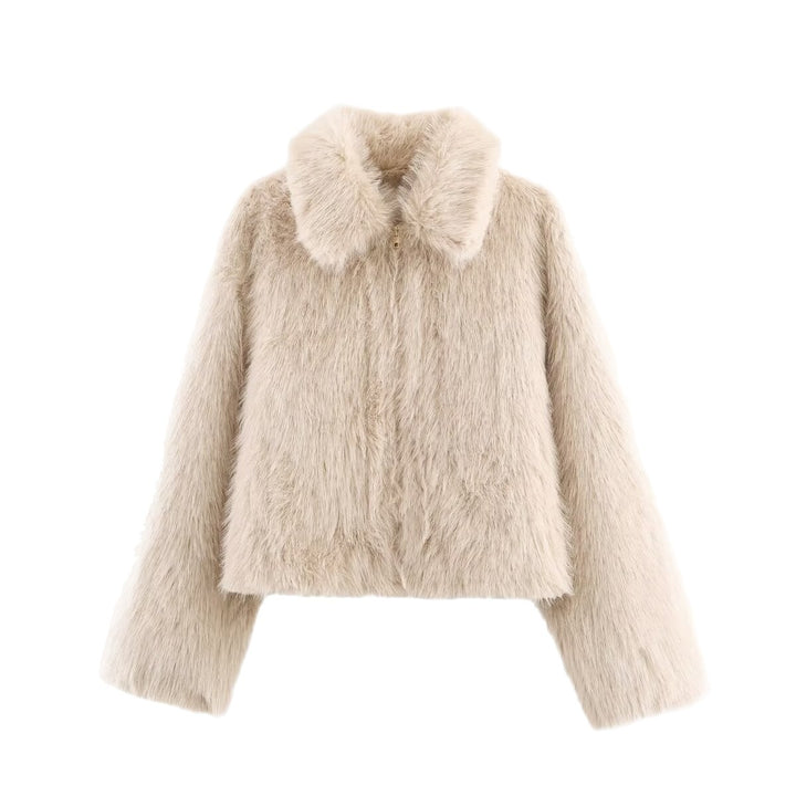 Ladies Short Fluffy Faux Fur Jacket with Lapel Collar and Straight Hem Mune Fashion