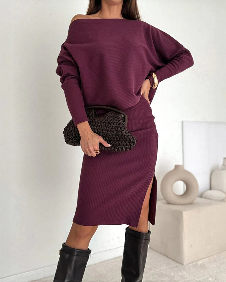 Women's Reversible Ribbed Knit Set with Off-Shoulder Oversized Sweater and Tailored Midi Skirt with Side Slit Drune