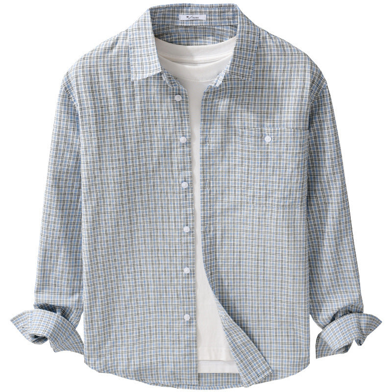 Men's Fine Checkered Pattern Layering Shirt made of Cotton Poplin with Chest Pocket and Relaxed Hem Mune Fashion