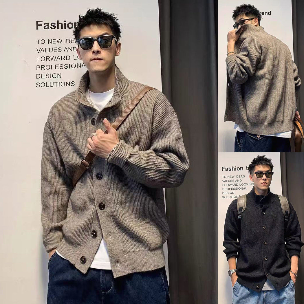 Men's chunky knit jacket with stand-up collar and button placket Mune Fashion