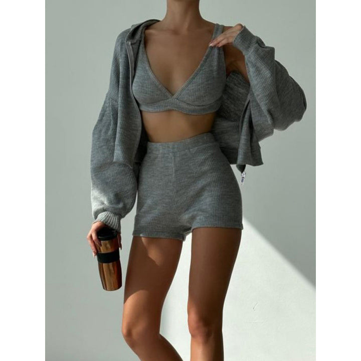 Women's short ribbed lounge set with hooded zip jacket and high-waist shorts Mune Fashion