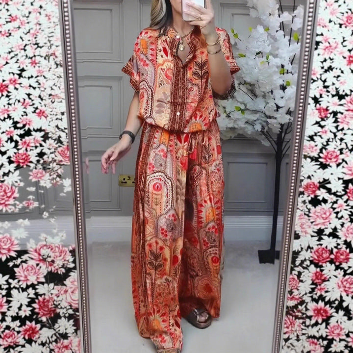 Women's Boho two-piece made of lightweight viscose with short-sleeve blouse, button placket, drawstring waistband, and wide palazzo pants Mune Fashion