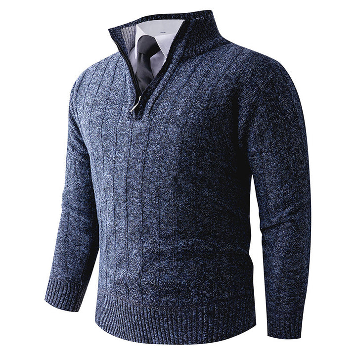 Men's fine knit half-zip pullover with high standing collar, ribbed and cable pattern Mune Fashion