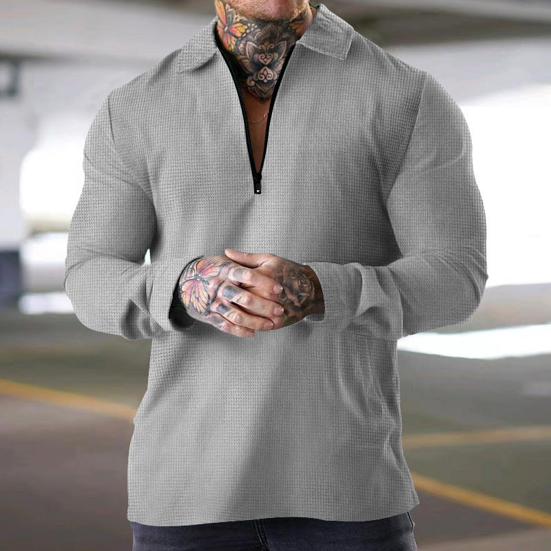 Men's narrow half-zip polo with waffle texture open Kent collar and clean minimal design Mune Fashion