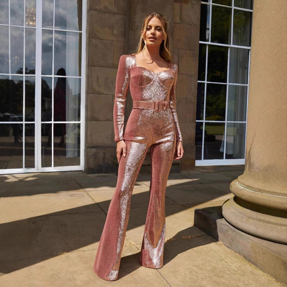Ladies Glamorous Sequin Jumpsuit with Chic Waistline Mune