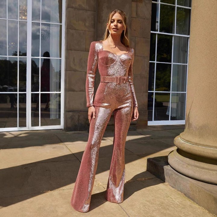 Ladies Glamorous Sequin Jumpsuit with Chic Waistline Mune
