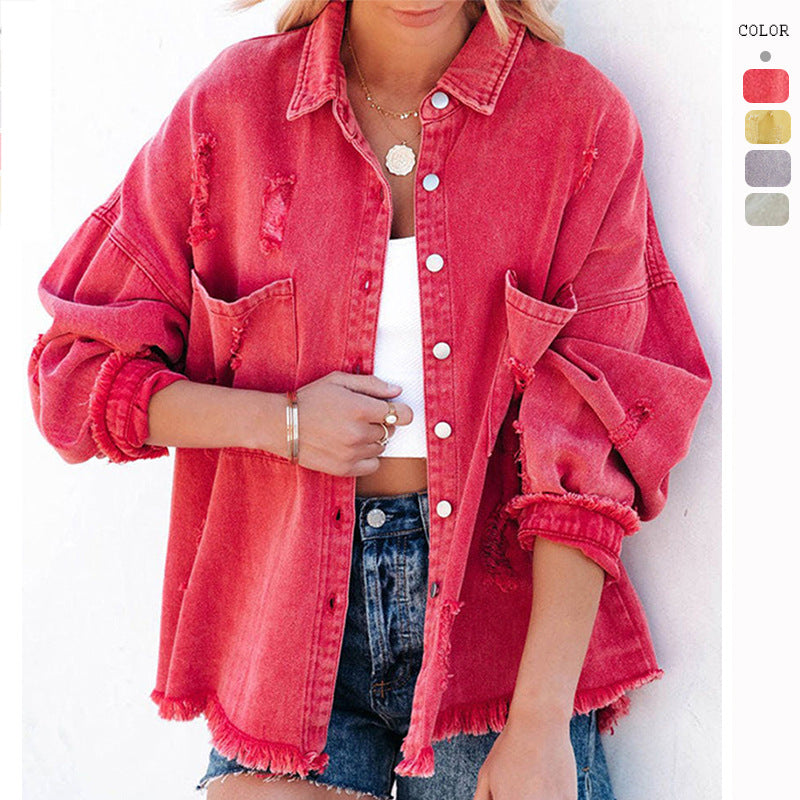 Women's oversized denim jacket with fringes, distressed details and press studs Mune Fashion