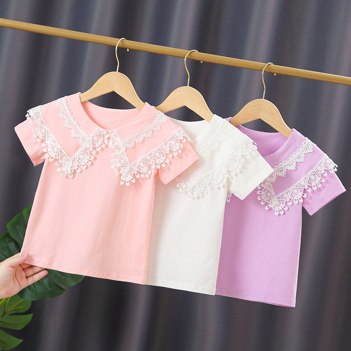 Ladies T-Shirt with Lace Collar Mune Fashion