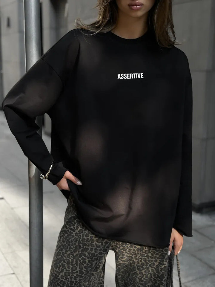 Women Oversized Long Sleeve Sweatshirt with Statement Print and Round Neckline Mune Fashion