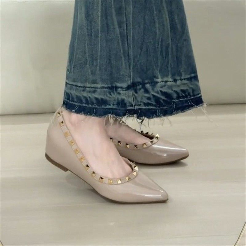 Ladies Flat Pointed Patent Ballerinas with Cushioned Comfort Insole and Studded Trim Mune Fashion