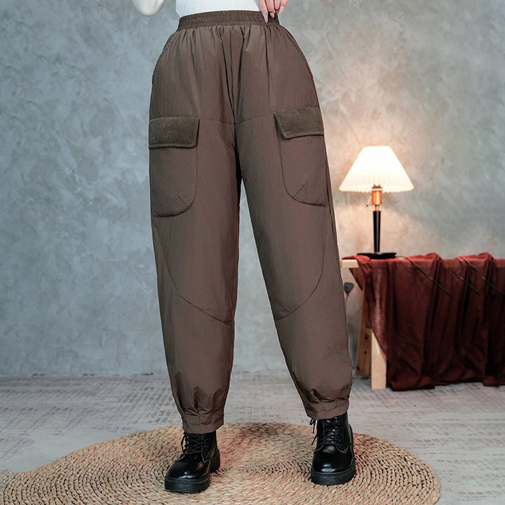 Women's Quilted Thermal Cargo Pants with Elastic Waistband and Cuff Mune Fashion