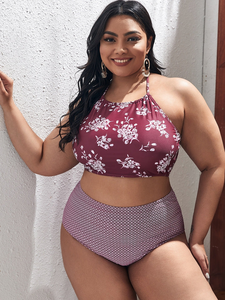 Ladies bikini set with floral top and high-cut bottom Mune Fashion