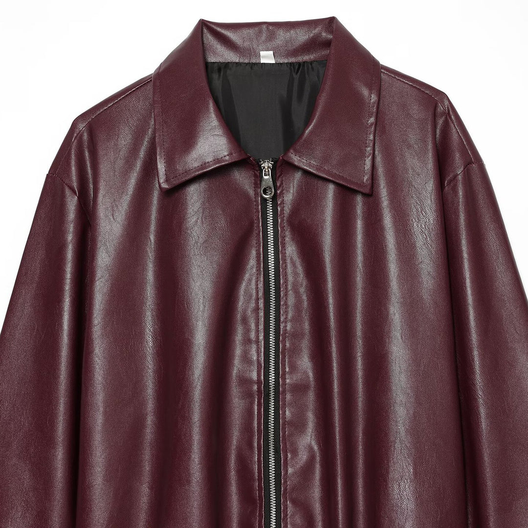 Women's Faux Leather Blouson with Full Zip, Shirt Collar and Gathered Hem