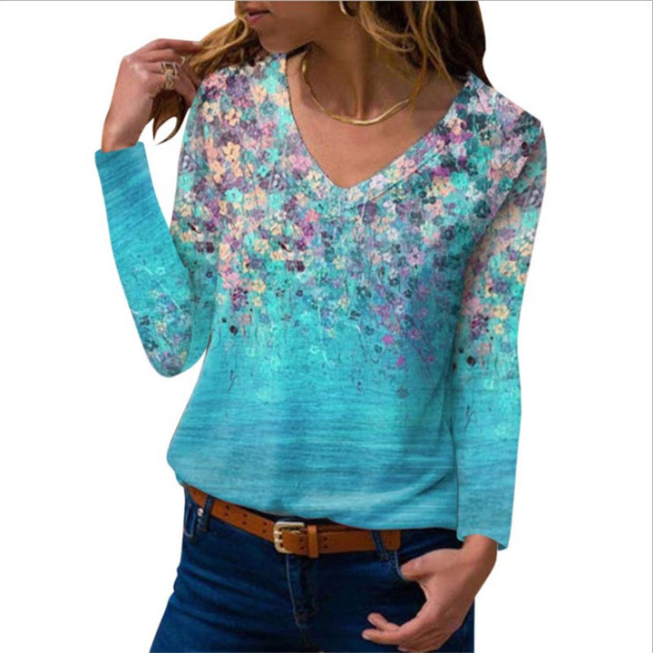 Women Long Sleeve V-Neck Tunic with Floral Watercolor Print and Light Jersey Quality Mune Fashion