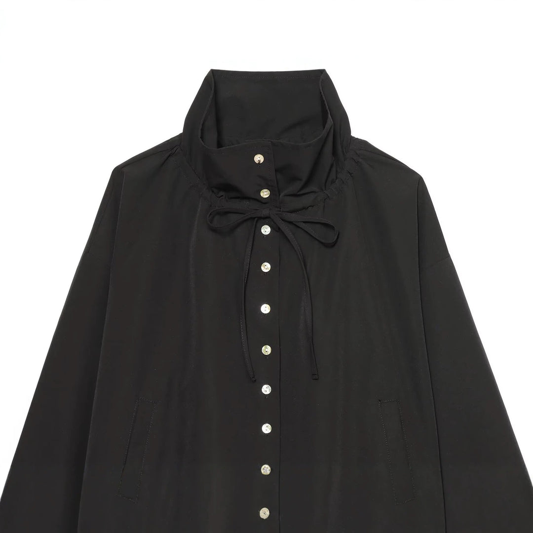 Women's Short Cropped Blouson with High Stand Collar, Button Placket and Drawstring Hem