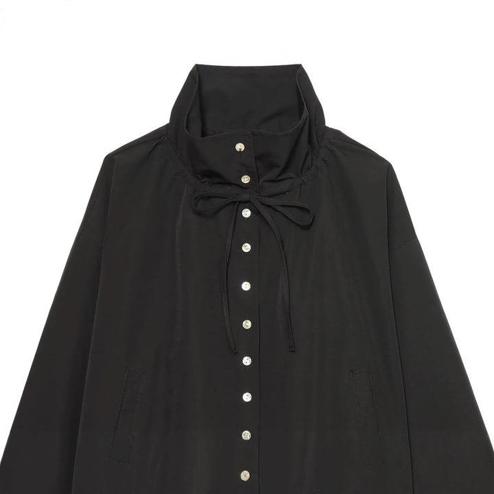Women's Short Cropped Blouson with High Stand Collar, Button Placket and Drawstring Hem