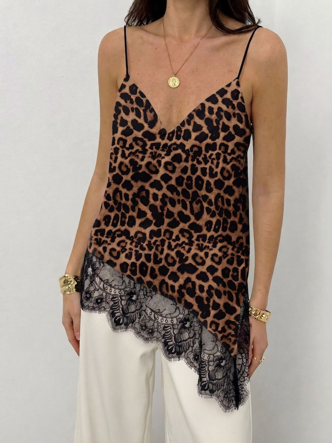 Women nan silky shiny spaghetti strap cami with asymmetric lace edge Mune Fashion