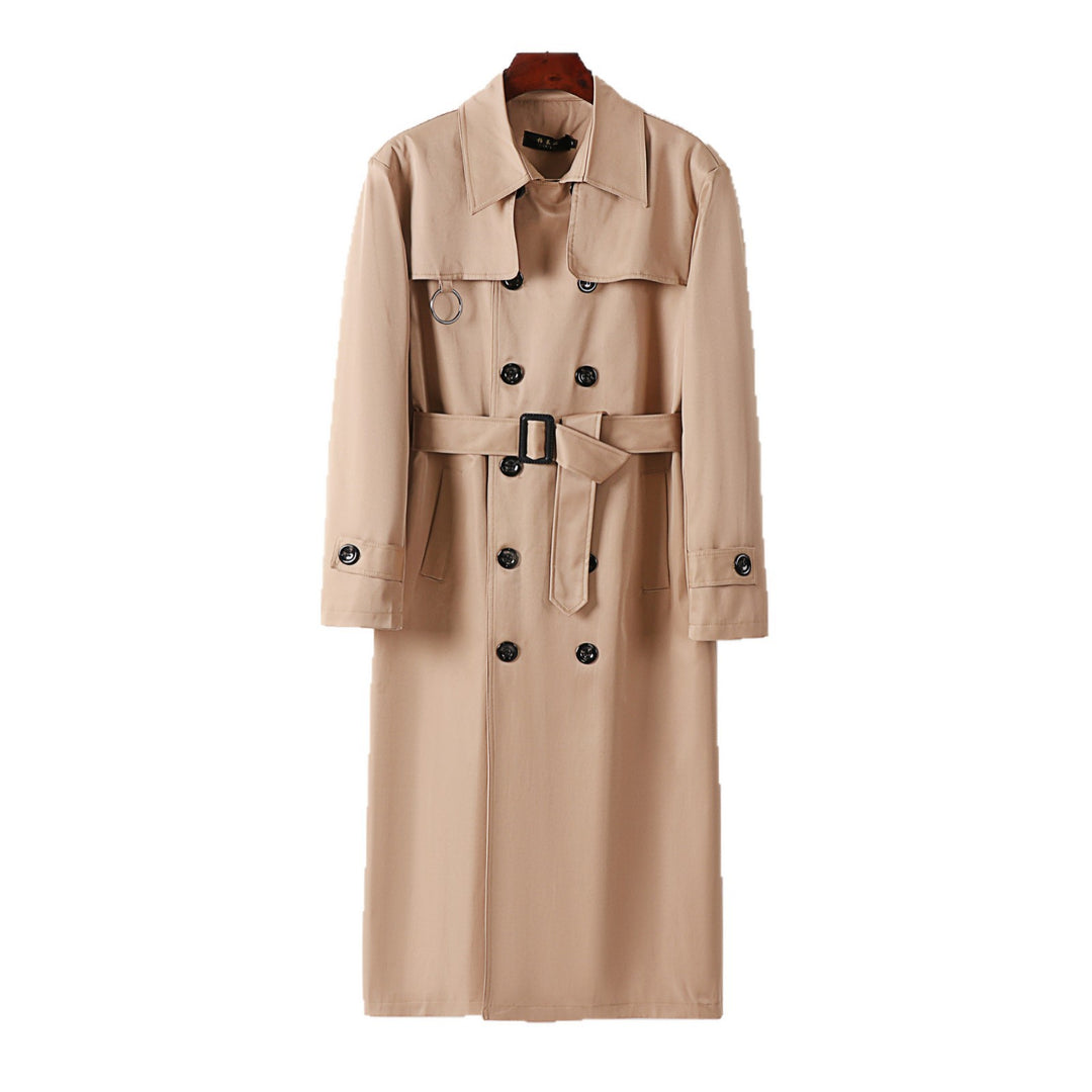Men's double-breasted trench coat with waist tailoring, lapel collar, and decorative metal ring Mune Fashion