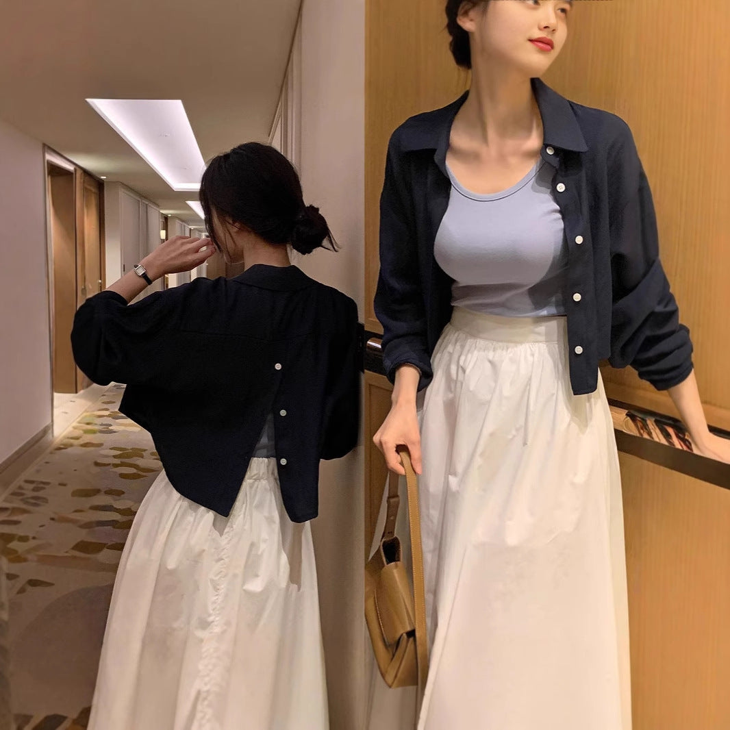 Women's Cropped Oversized Shirt Blouse in Linen Look with Back Slit and Decorative Button Placket Mune Fashion