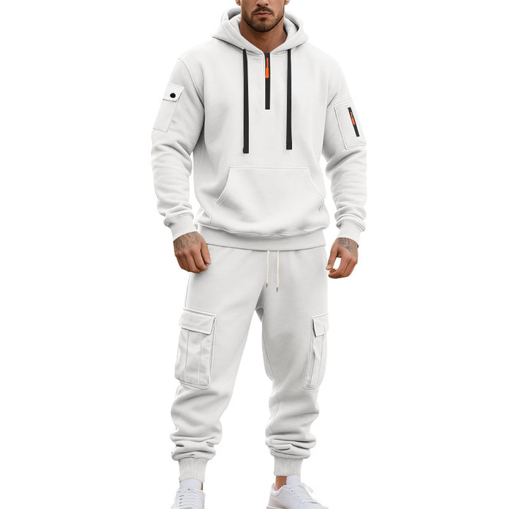 Men's two-piece utility casual set hoodie with half-high zipper, arm pocket, and cargo jogging pants with flap pockets Mune Fashion