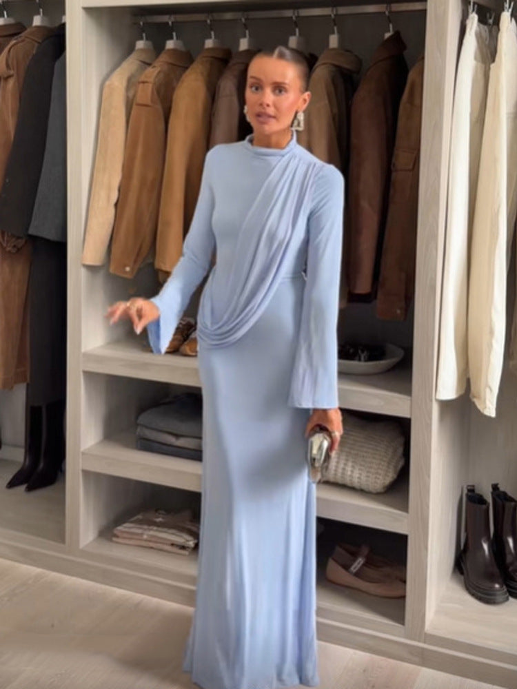 Women's Maxi Dress with Draped Front, Stand Collar and Bell Sleeves Mune Fashion