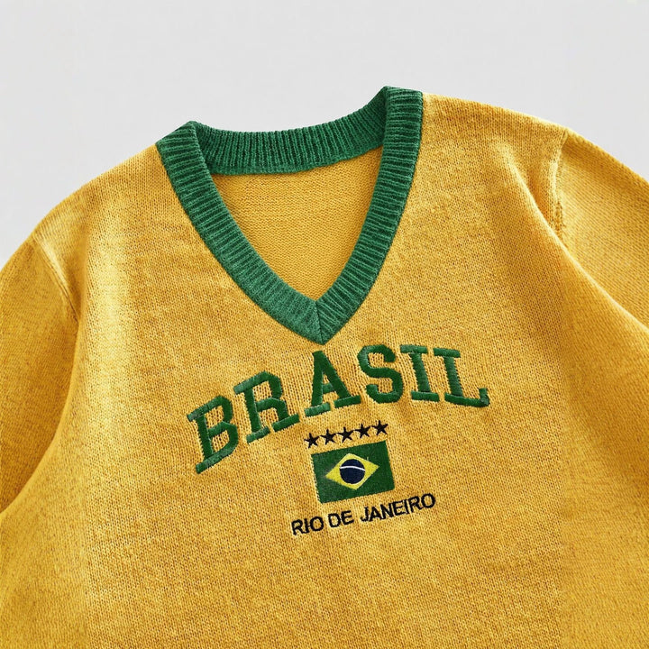 Unisex nan short retro knit sweater with V-neck, contrast cuffs and Brazil embroidery Mune Fashion