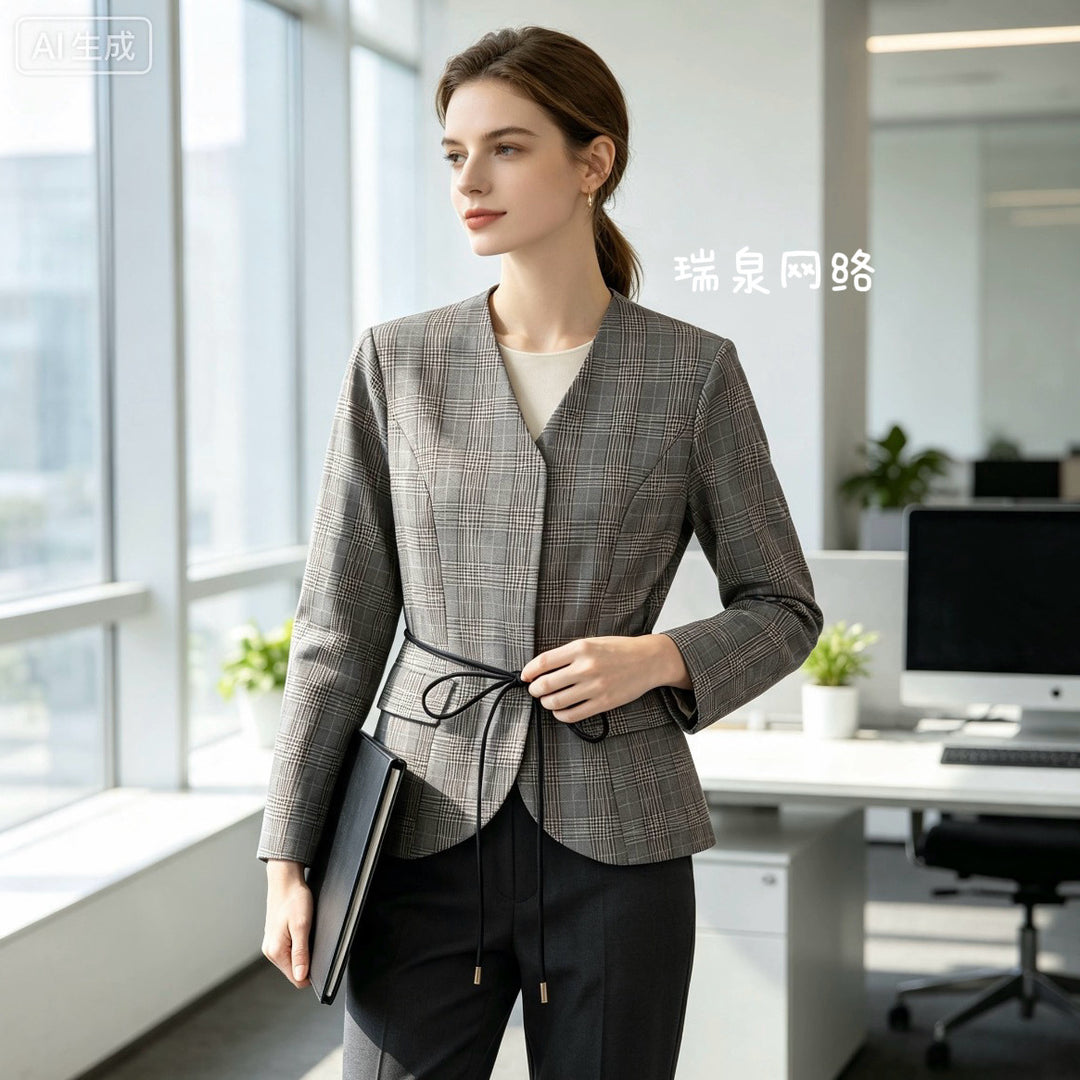 Women Tailored Glencheck Blazer with V-neck and Wrap Belt Mune Fashion