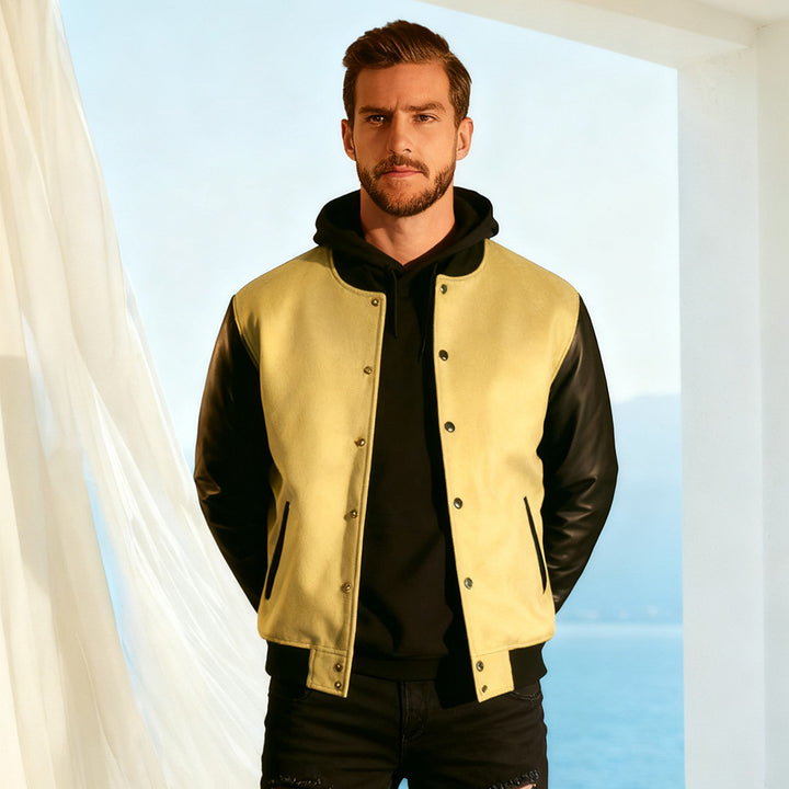 Men's varsity bomber jacket in college style with wool body and leather sleeves Mune Fashion