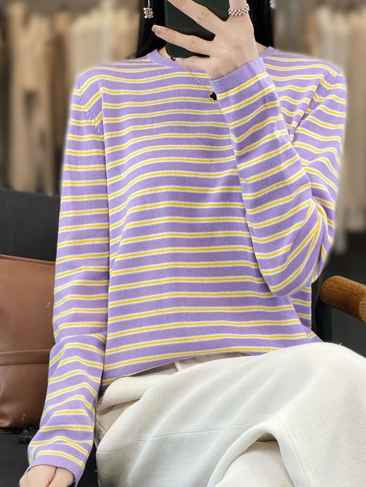 Women Light Cotton Blend Stripe Sweater with Round Neck, Raglan Sleeves and Casual Silhouette Mune Fashion