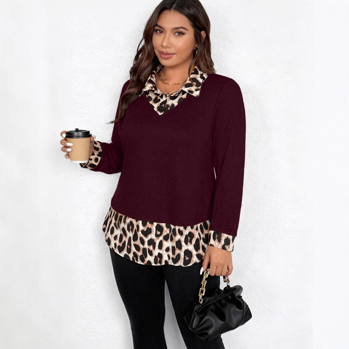 Women's layered look pullover with V-neck and leopard print blouse insert Mune Fashion