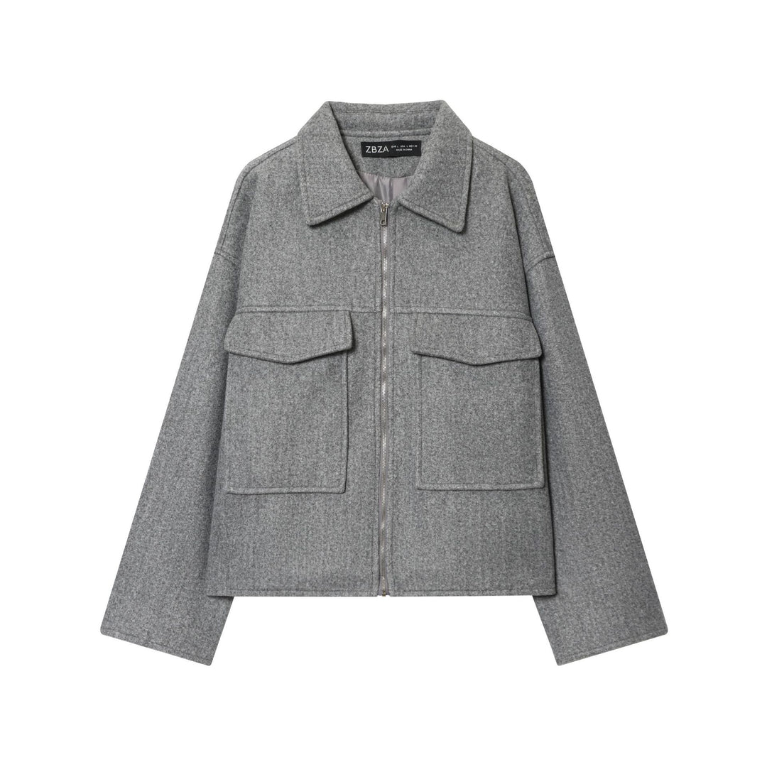 Women's casual wool jacket with full zipper, large flap pockets and shirt collar Mune Fashion