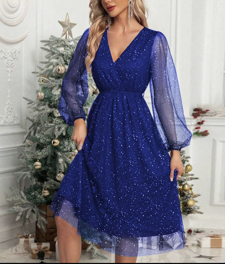 Women's Festive Midi Dress made of Glitter Chiffon with V-Neck, fitted elastic waistband, and balloon sleeves Mune Fashion