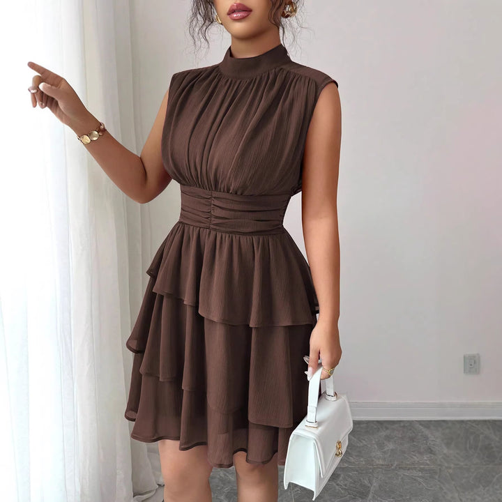 Women Sleeveless Chiffon Layered Dress with Stand Collar and Tailored Ruffle Mune Fashion