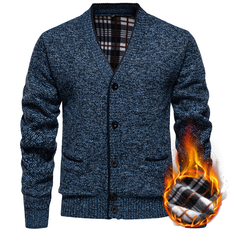 Men's Structured V-Neck Knit Cardigan with Contrasting Edge and Checked Lining Mune Fashion