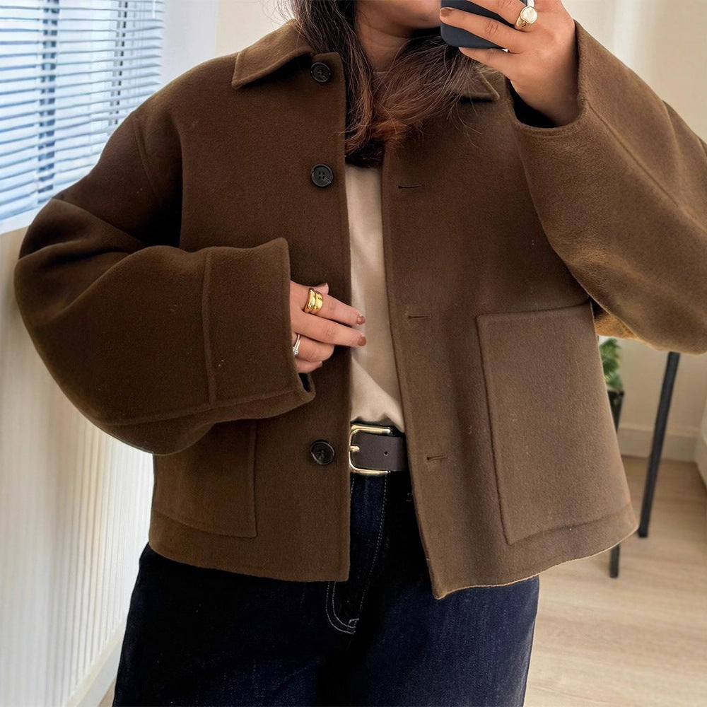 Women Short Wool Blend Blazer with Boxy Silhouette and Extra Long Sleeves Mune Fashion