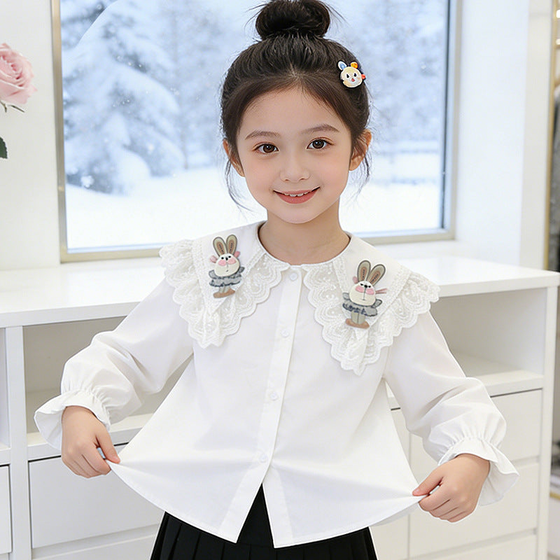 Girls ruffle blouse with playful bunny motif and lace collar Mune Fashion