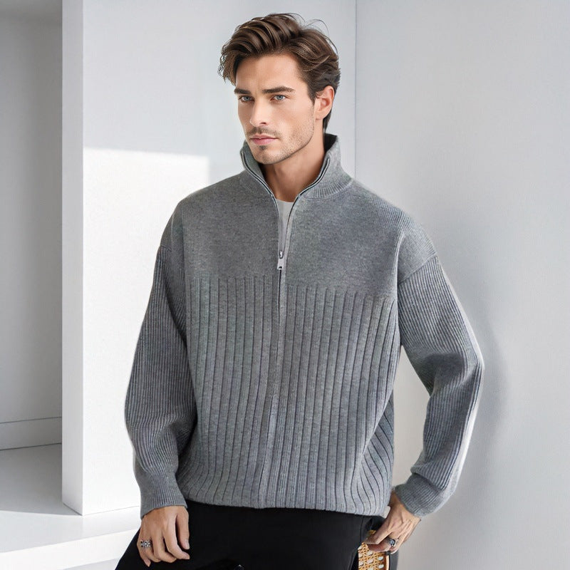 Men's Half-Zip Knit Sweater with High Stand Collar and Wide Rib Pattern Mune Fashion