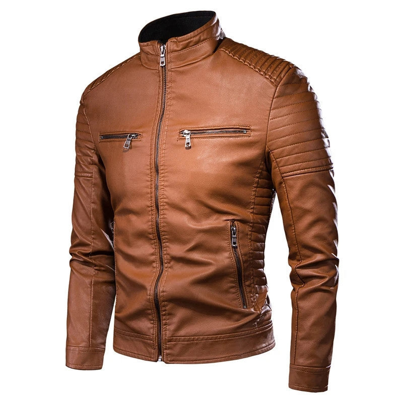 Men's Slim-Fit Biker Leather Jacket with Stand Collar and Quilted Shoulder Area Mune Fashion