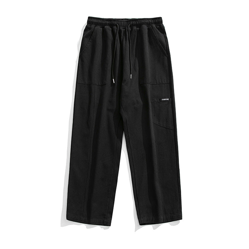 Unisex Wide Relaxed Leisure Pants with Elastic Waistband, Drawstring, and Patch Pockets Mune Fashion