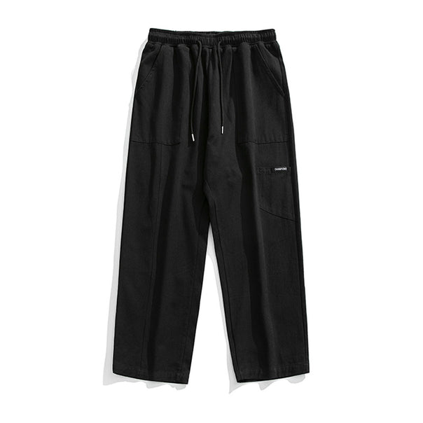 Unisex Wide Relaxed Leisure Pants with Elastic Waistband, Drawstring, and Patch Pockets Mune Fashion