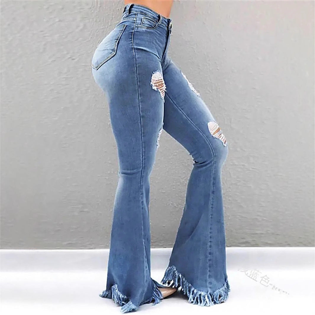 Women High-Waist Flared-Jeans with sculpting cut, destroyed knee parts and frayed ruffle hem Mune Fashion