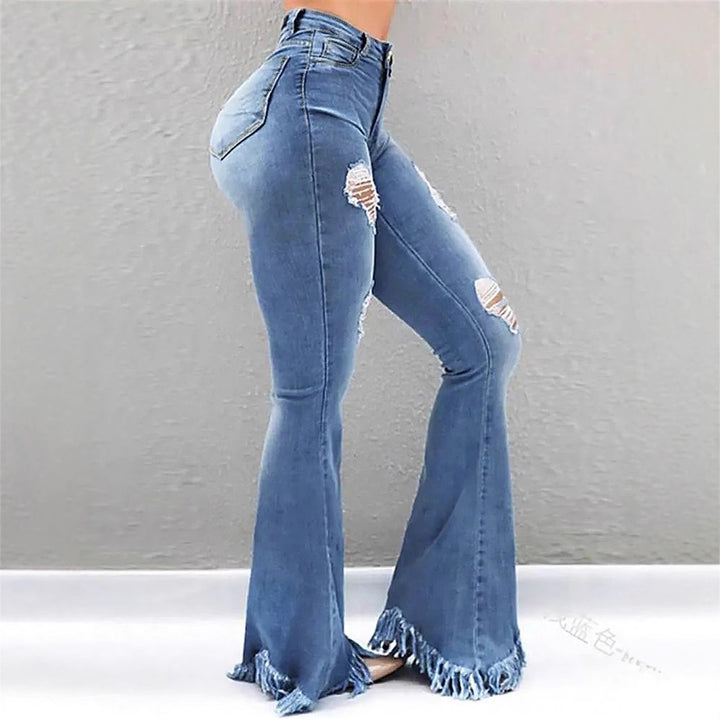 Women High-Waist Flared-Jeans with sculpting cut, destroyed knee parts and frayed ruffle hem Mune Fashion