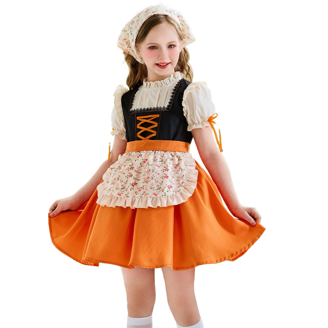 Women's traditional children's dirndl with lacing, ruffled apron, and headscarf Mune Fashion